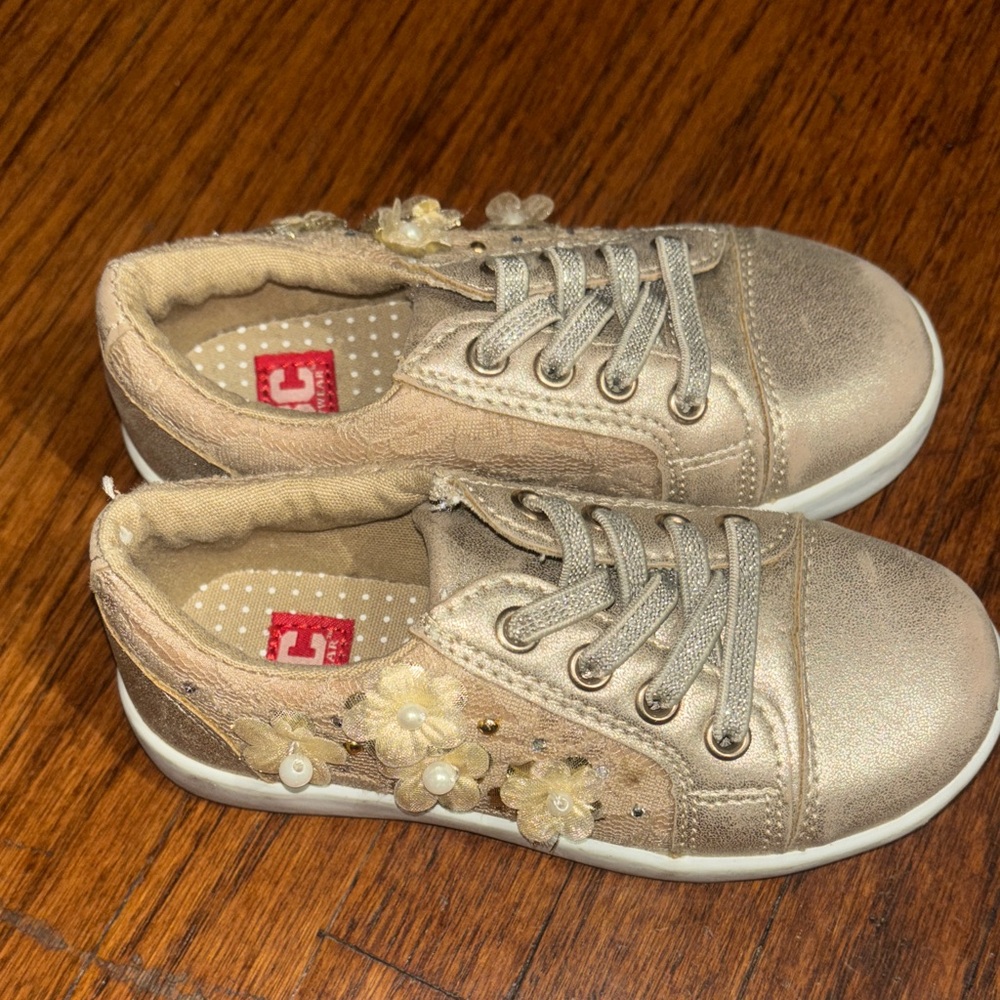 Gold Kids Shoes with Floral and lace  Accents/elastic laces